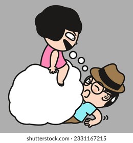 Grumpy Woman With Her Huge Thought Bubble On Boyfriend. Fighting Couple Concept Card Character illustration