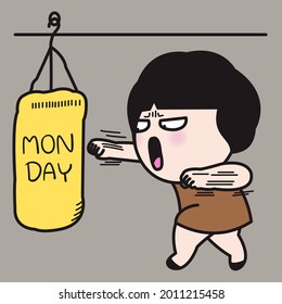 Grumpy Woman is making a Hard Punch On A Punching Bag With Word Monday On It Concept Card Character illustration