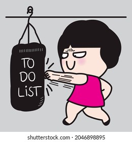 Grumpy Woman Making A Hard Punch On A Punching Bag With Word To Do List On It Concept Card Character Illustration