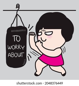 Grumpy Woman is Making A Hard Punch On A Punching Bag With Word To Worry About On It Concept Card Character illustration