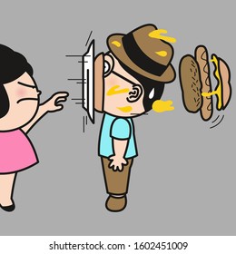 Grumpy Woman Throwing A Plate Of Burger To A Man's Head During A Quarrel. Fighting Couple Concept Card Character illustration