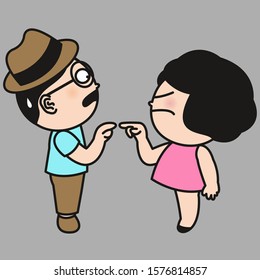 Grumpy Woman's Finger Point At Boy. Couple In Quarrel Concept Card Character illustration