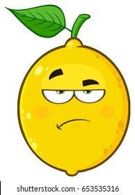 Grumpy Yellow Lemon Fruit Cartoon Emoji Face Character With Sadness Expression. Vector Illustration Isolated On White Background