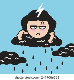 Grumpy Young Woman Lying On Storm Clouds Concept Card Character illustration