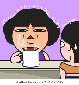 Grumpy Young Woman Officer is having coffee at office desk concept cartoon character illustration