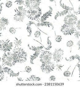 grune textured Sunflowers seamless pattern. Vector summer Sunflowers illustration bunch, 
blue linen textured background.