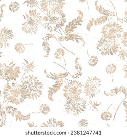 grune textured Sunflowers seamless pattern. Vector summer Sunflowers illustration bunch, 
beige linen textured background.