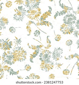 grune textured Sunflowers seamless pattern. Vector summer Sunflowers illustration bunch, 
yellow blue, linen textured background.