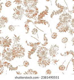 grune textured Sunflowers seamless pattern. Vector summer Sunflowers illustration bunch, 
brown and beige linen textured background.