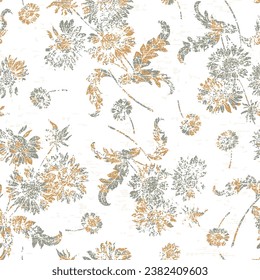 grune textured Sunflowers seamless pattern. Vector summer Sunflowers illustration bunch, 
gold and beige linen textured background.