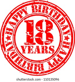 Grunge 18 years happy birthday rubber stamp, vector illustration