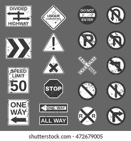 Grunge 20 road signs collection in shades of grey. Vector "Stop", "No parking", "One Way","All way", "Speed limit", "Do not enter", "Not Allowed", "Divided Highway" and other signs for your projects.