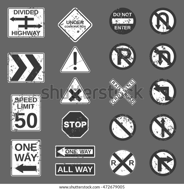 Grunge 20 road signs collection in shades\
of grey. Vector \