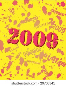 Grunge "2009" banner combined with "00:00:00" and "01/01/09" text in the background