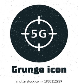 Grunge 5G new wireless internet wifi connection icon isolated on white background. Global network high speed connection data rate technology. Monochrome vintage drawing. Vector