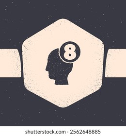 Grunge 8 March in human head icon isolated on grey background. International Happy Women Day. Monochrome vintage drawing. Vector Illustration