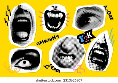 Grunge 90s - y2k Halftone Female emotions with screaming mouth, scarry eyes. Wide open lips, front view. Anger and aggression collage elements concept. Retro texture vector illustration.