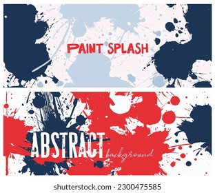 Grunge Abstract art vector background, cover template set. Blue, red and white. Panoramic horizontal Banners design with color ink paint splashes. Abstract illustration 