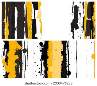Grunge Abstract art vector background, cover template set. Black and yellow. Panoramic horizontal Banners design with ink paint splashes and stripes