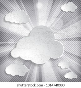 grunge abstract background with sun rays and white paper clouds on a chequered background