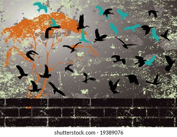 Grunge abstract bird and tree silhouette vector illustration