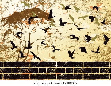 Grunge abstract bird and tree silhouette vector illustration
