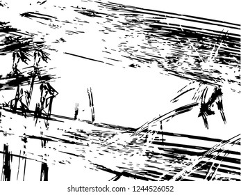 Grunge abstract black background on white backdrop. Two colors. Rectangular horizontal medium rough design.