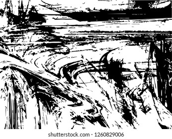 Grunge abstract black background on white backdrop. Two colors. Monochrome. Rectangular horizontal medium rough design. Vector.