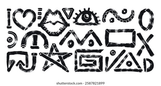 Grunge Abstractas Negro Formas Dibujado a mano con trazos de pincel audaz. Siluetas geométricas sobre fondo blanco. Diseño juguetón y moderno dibujado con líneas gruesas