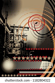 Grunge abstract city background with halftone elements. Vector illustration.