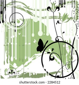 diseño abstracto de grano con flores, manchas de tinta y mariposas