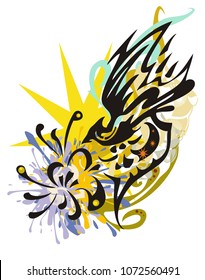 Grunge abstract fantastic flying bird splashes with a flower. Tribal bird with a flower against the background of a yellow star with floral elements for your design