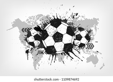 Grunge abstract football with world map and dust particle on gray gradient background . Flat design . Vector for international world championship tournament cup 2018 .