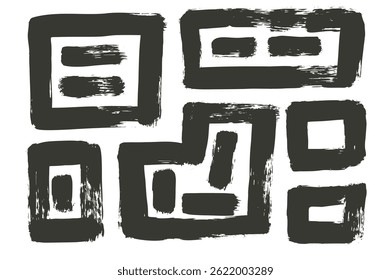 Grunge abstract geometric painting elements with brush stroke texture. Hand drawn black ink graffiti rectangles and squares urban street style shapes on white background. Freehand figures.