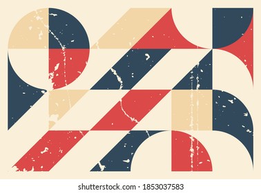 
Grunge, abstract geometric pattern background, poster, vector art design in Bauhaus style. 
Simple shapes, circle, triangle, square and lines.