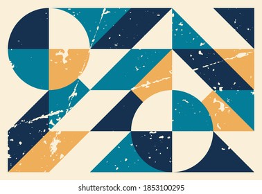 
Grunge, abstract geometric pattern background, poster, vector art design in Bauhaus style. 
Simple shapes, circle, triangle, square and lines.