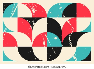 
Grunge, abstract geometric pattern background, poster, vector art design in Bauhaus style. 
Simple shapes, circle, triangle, square and lines.