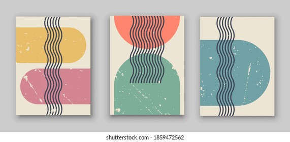
Grunge, abstract geometric pattern background, poster, vector art design in Bauhaus style. 
Simple shapes, circle, triangle, square and lines.