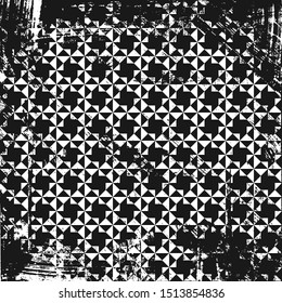 Grunge abstract geometric pattern with kaleidoscope elements. Square black and white backdrop.