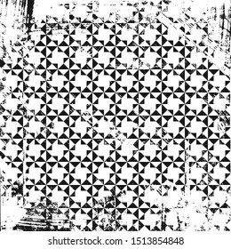 Grunge abstract geometric pattern with kaleidoscope elements. Square black and white backdrop.