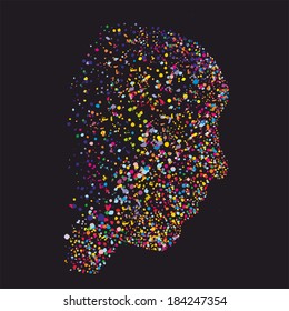 Grunge abstract human head silhouette, made of colourful dots, vector illustration