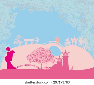 grunge abstract landscape with Geisha