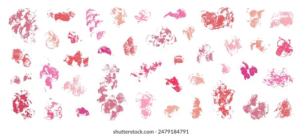 Grunge abstract lipstick stains set. Lipstick stains, daubs and smears. Paint splatter backgrounds. Paint brush dirty strokes textures. Quirky scribbles. Rough grungy overlays.