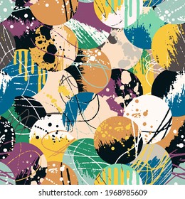 Grunge abstract pattern. Colorful grunge shapes background. Grungy splatter fabric design. Paint stains, strokes and splashes.