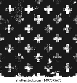 Grunge abstract pattern with cross element. Square black and white backdrop.