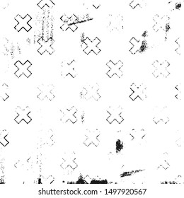 Grunge abstract pattern with cross element. Square black and white backdrop.