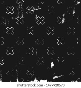 Grunge abstract pattern with cross element. Square black and white backdrop.