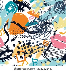 Grunge abstract pattern with scrawls, paint strokes and drawn objects. Colorful grunge shapes background. Contemporary seamless pattern.