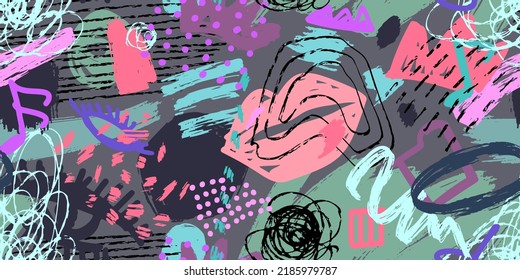 Grunge abstract pattern with scrawls, paint strokes and drawn objects. Colorful grunge shapes background. Contemporary  pattern.