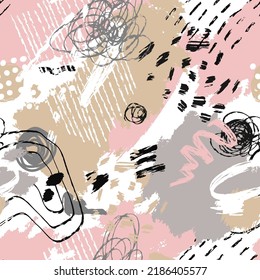 Grunge abstract pattern with scrawls, paint strokes and hand-drawn objects. Colorful grunge shapes background. Contemporary seamless vector pattern.